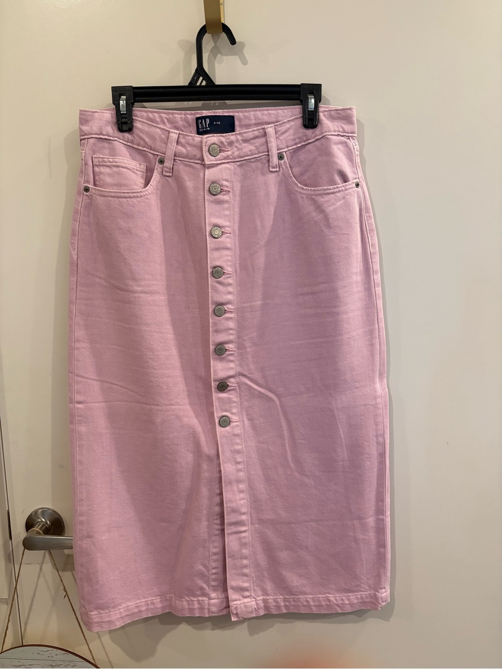 GAP Pastel Pink Button-Front Denim Midi Skirt